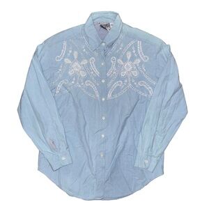 💖Vintage 90s Light Blue Beaded Embroidered Western Button Down Shirt